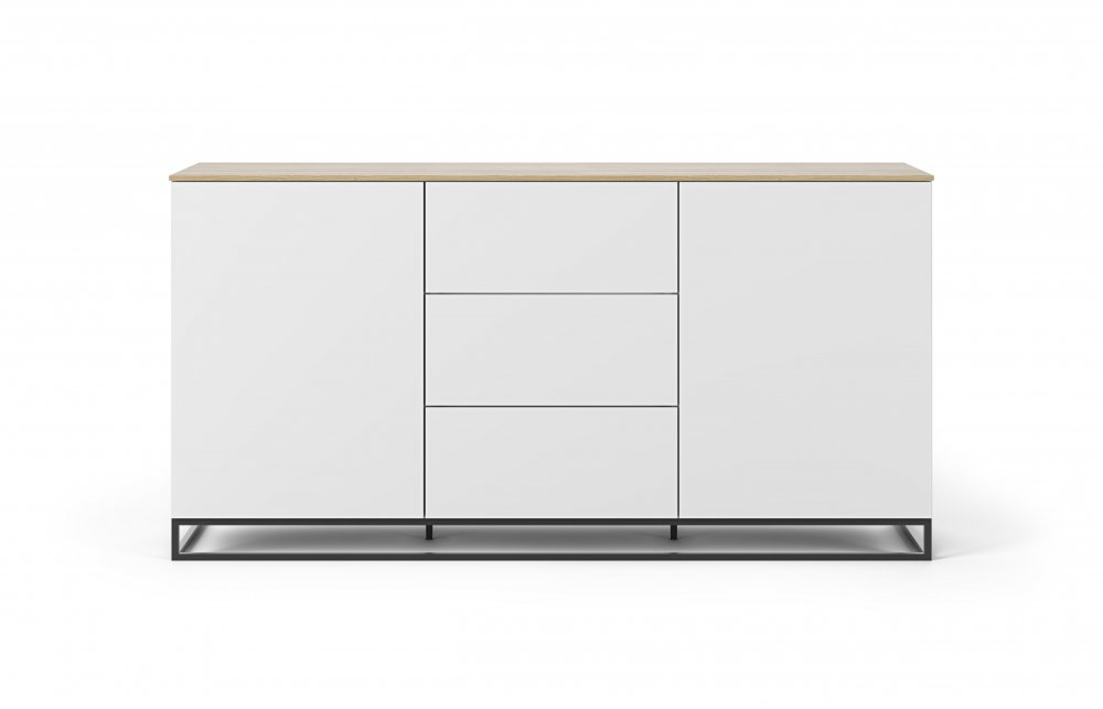 Buffet WHITY 2 blanc mat 180cm 2 portes/3 tiroirs Plateau en bois de chêne clair avec pieds noir métal